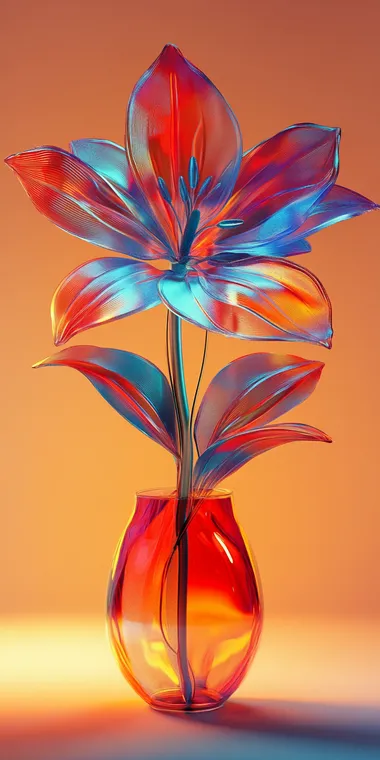 A shape of flower in pot made of matte plastic covered with gradient digital nontransparent cover, isolated on light flat background. Made of plastic and glass, 3d render, 3d illustration, dribbble, studio lightning with contrast shadows, beautiful and juicy