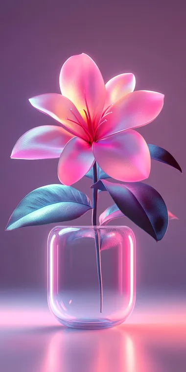A shape of flower in pot made of matte plastic covered with gradient digital nontransparent cover, isolated on light flat background. Made of plastic and glass, 3d render, 3d illustration, dribbble, studio lightning with contrast shadows, beautiful and juicy