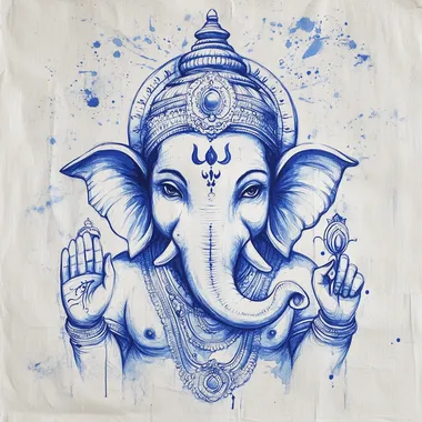 Hand-painted outline of Lord Ganesha, minimalistic and artistic style, flowing blue ink on textured white paper, elegant brush strokes, serene expression, traditional yet modern aesthetic, soft watercolor effect, highly detailed, delicate lines, spiritual and calming
