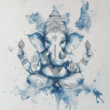Hand-painted outline of Lord Ganesha, minimalistic and artistic style, flowing blue ink on textured white paper, elegant brush strokes, serene expression, traditional yet modern aesthetic, soft watercolor effect, highly detailed, delicate lines, spiritual and calming