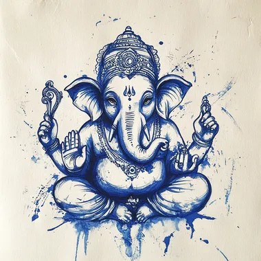 Hand-painted outline of Lord Ganesha, minimalistic and artistic style, flowing blue ink on textured white paper, elegant brush strokes, serene expression, traditional yet modern aesthetic, soft watercolor effect, highly detailed, delicate lines, spiritual and calming