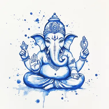 Hand-painted outline of Lord Ganesha, minimalistic and artistic style, flowing blue ink on textured white paper, elegant brush strokes, serene expression, traditional yet modern aesthetic, soft watercolor effect, highly detailed, delicate lines, spiritual and calming