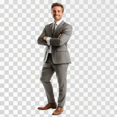 ultra realstic image of man in suite crossing arms looking at the camera, full body, brown shoes,\ white background, smiling, leaning to side, natural looking