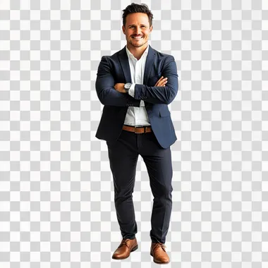 ultra realstic image of man in suite crossing arms looking at the camera, full body, brown shoes,\ white background, smiling, leaning to side, natural looking