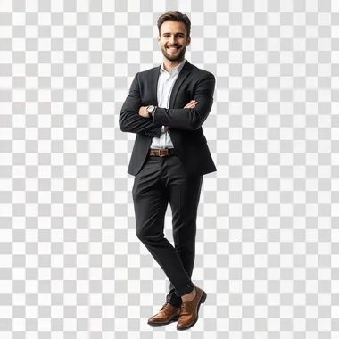 ultra realstic image of man in suite crossing arms looking at the camera, full body, brown shoes,\ white background, smiling, leaning to side, natural looking