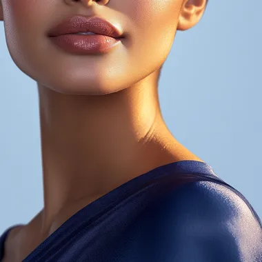 A close-up of a woman's shoulder and arm with glowing, radiant skin, wearing a simple yet elegant Sinhala New Year outfit in deep blue. The image highlights skin protection with a soft, golden sunbeam effect. The background is a bright, clean gradient of blue and white, evoking a fresh and protective feel. High-quality, photorealistic, commercial advertisement style
