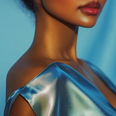 A close-up of a woman's shoulder and arm with glowing, radiant skin, wearing a simple yet elegant Sinhala New Year outfit in deep blue. The image highlights skin protection with a soft, golden sunbeam effect. The background is a bright, clean gradient of blue and white, evoking a fresh and protective feel. High-quality, photorealistic, commercial advertisement style