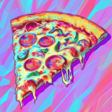 drawing. vaporwave style. shadows. pizza. Use glitch effects pizza, like pixelated portions or color distortion. Combine with geometric patterns, VHS tape effects, and neon highlights. rainbow. bold design.