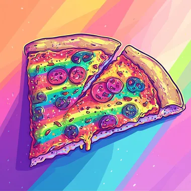 drawing. vaporwave style. shadows. pizza. Use glitch effects pizza, like pixelated portions or color distortion. Combine with geometric patterns, VHS tape effects, and neon highlights. rainbow. bold design.
