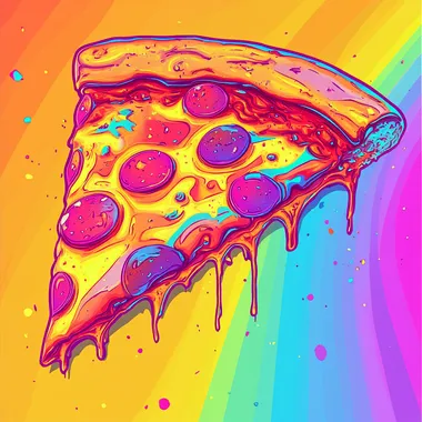 drawing. vaporwave style. shadows. pizza. Use glitch effects pizza, like pixelated portions or color distortion. Combine with geometric patterns, VHS tape effects, and neon highlights. rainbow. bold design.
