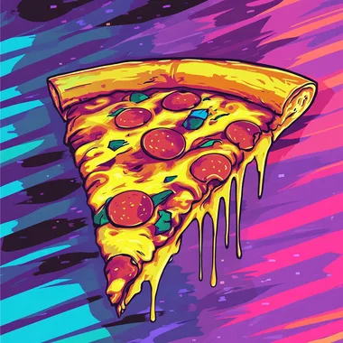 drawing. vaporwave style. shadows. pizza. Use glitch effects pizza, like pixelated portions or color distortion. Combine with geometric patterns, VHS tape effects, and neon highlights. rainbow. bold design.