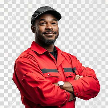 a black mechanic in a red outfit is looking proudly and with a smile at the camera. White background