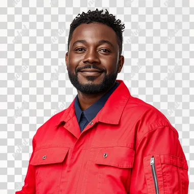 a black mechanic in a red outfit is looking proudly and with a smile at the camera. White background