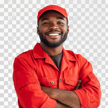 a black mechanic in a red outfit is looking proudly and with a smile at the camera. White background