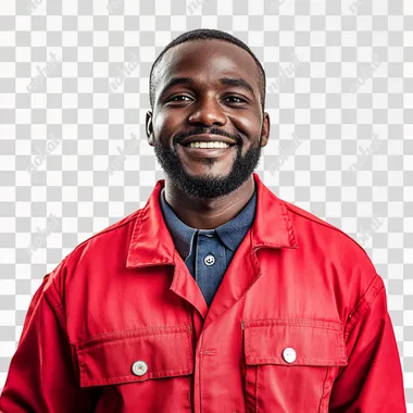 a black mechanic in a red outfit is looking proudly and with a smile at the camera. White background