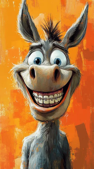create a donkey's face into a mad magazine smiling caricature with large WHITE teeth, teeth with dental braces decorated with horseshoesexaggerated facial features in the style of Matt Drucker, pseudo-realistic, orange background  --s 250