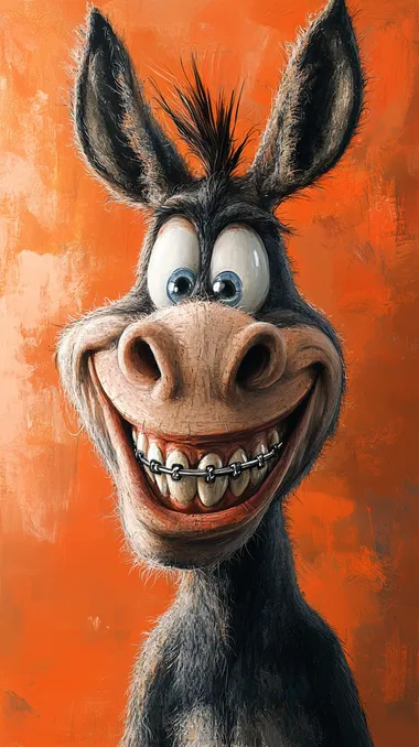 create a donkey's face into a mad magazine smiling caricature with large WHITE teeth, teeth with dental braces decorated with horseshoesexaggerated facial features in the style of Matt Drucker, pseudo-realistic, orange background  --s 250