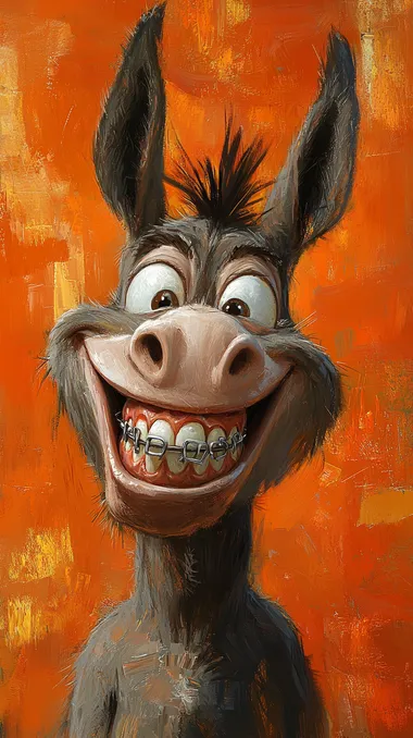 create a donkey's face into a mad magazine smiling caricature with large WHITE teeth, teeth with dental braces decorated with horseshoesexaggerated facial features in the style of Matt Drucker, pseudo-realistic, orange background  --s 250