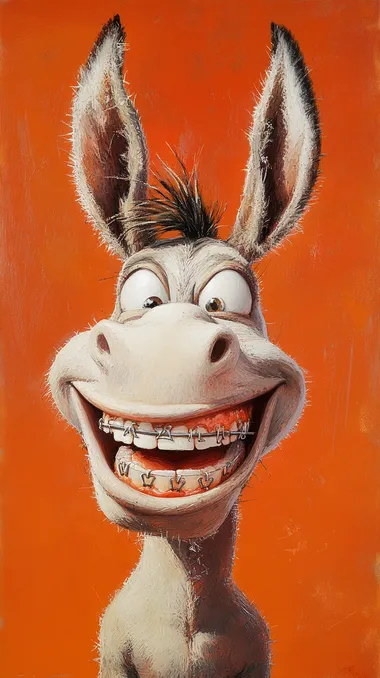 create a donkey's face into a mad magazine smiling caricature with large WHITE teeth, teeth with dental braces decorated with horseshoesexaggerated facial features in the style of Matt Drucker, pseudo-realistic, orange background  --s 250