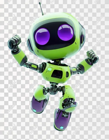 Cute, fun, soft green and purple robot with soft matte finish in a 3D Pixar style. smooth, rounded hands, no fingers. Jumping energetically while raising a fist in the air. White background-style cartoon, colorful and vibrant. Non-metallic, soft plastic-like material