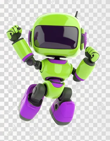 Cute, fun, soft green and purple robot with soft matte finish in a 3D Pixar style. smooth, rounded hands, no fingers. Jumping energetically while raising a fist in the air. White background-style cartoon, colorful and vibrant. Non-metallic, soft plastic-like material