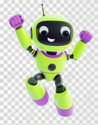 Cute, fun, soft green and purple robot with soft matte finish in a 3D Pixar style. smooth, rounded hands, no fingers. Jumping energetically while raising a fist in the air. White background-style cartoon, colorful and vibrant. Non-metallic, soft plastic-like material