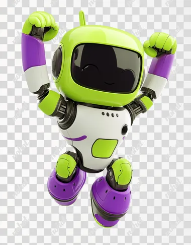 Cute, fun, soft green and purple robot with soft matte finish in a 3D Pixar style. smooth, rounded hands, no fingers. Jumping energetically while raising a fist in the air. White background-style cartoon, colorful and vibrant. Non-metallic, soft plastic-like material