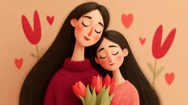 a mother and daughter hugging, both with long brown hair and wearing purple and pink clothes.The mother holds a bouquet of tulips.Both have peaceful, smiling expressions, eyes closed, surrounded by soft pink hearts and a pastel pink background.Mother's Day theme, heartwarming and gentle vibe.   --s 750