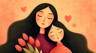 a mother and daughter hugging, both with long brown hair and wearing purple and pink clothes.The mother holds a bouquet of tulips.Both have peaceful, smiling expressions, eyes closed, surrounded by soft pink hearts and a pastel pink background.Mother's Day theme, heartwarming and gentle vibe.   --s 750