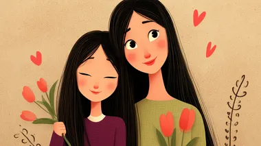 a mother and daughter hugging, both with long brown hair and wearing purple and pink clothes.The mother holds a bouquet of tulips.Both have peaceful, smiling expressions, eyes closed, surrounded by soft pink hearts and a pastel pink background.Mother's Day theme, heartwarming and gentle vibe.   --s 750
