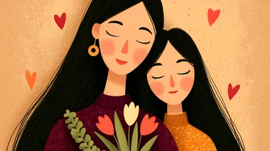 a mother and daughter hugging, both with long brown hair and wearing purple and pink clothes.The mother holds a bouquet of tulips.Both have peaceful, smiling expressions, eyes closed, surrounded by soft pink hearts and a pastel pink background.Mother's Day theme, heartwarming and gentle vibe.   --s 750