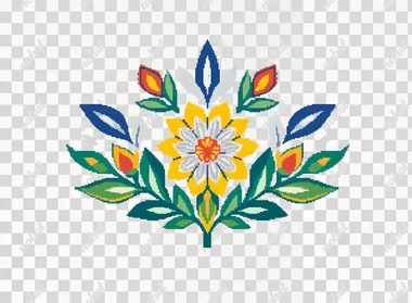 A pixel art style depiction of an emblem featuring stylized flowers and leaves, with a yellow, red, blue, green, and white color palette, on a plain white background. The simple yet detailed design has sharp edges and vibrant colors, suitable for embroidery or fabric printing in the style of pixel art.