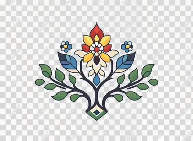 A pixel art style depiction of an emblem featuring stylized flowers and leaves, with a yellow, red, blue, green, and white color palette, on a plain white background. The simple yet detailed design has sharp edges and vibrant colors, suitable for embroidery or fabric printing in the style of pixel art.