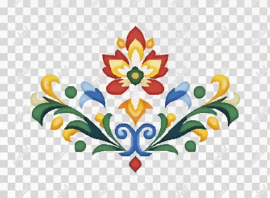 A pixel art style depiction of an emblem featuring stylized flowers and leaves, with a yellow, red, blue, green, and white color palette, on a plain white background. The simple yet detailed design has sharp edges and vibrant colors, suitable for embroidery or fabric printing in the style of pixel art.