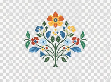 A pixel art style depiction of an emblem featuring stylized flowers and leaves, with a yellow, red, blue, green, and white color palette, on a plain white background. The simple yet detailed design has sharp edges and vibrant colors, suitable for embroidery or fabric printing in the style of pixel art.