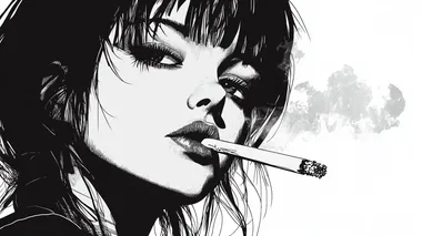 A manga panel featuring a young woman smoking a cigarette, in the style of Kentaro Miura. The illustration is a black and white ink drawing with a dark aesthetic, dark academia vibes, and anime manga influences. The drawing is vector art with high contrast, hyper-detailed, and features fantasy illustration elements. The background is pure white, creating a sharp and clean contrast with the figure. This is a masterpiece illustration with a flat color tone, designed in high resolution for best quality, with a 16:9 aspect ratio.
