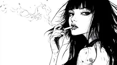 A manga panel featuring a young woman smoking a cigarette, in the style of Kentaro Miura. The illustration is a black and white ink drawing with a dark aesthetic, dark academia vibes, and anime manga influences. The drawing is vector art with high contrast, hyper-detailed, and features fantasy illustration elements. The background is pure white, creating a sharp and clean contrast with the figure. This is a masterpiece illustration with a flat color tone, designed in high resolution for best quality, with a 16:9 aspect ratio.