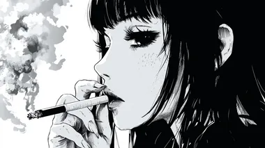 A manga panel featuring a young woman smoking a cigarette, in the style of Kentaro Miura. The illustration is a black and white ink drawing with a dark aesthetic, dark academia vibes, and anime manga influences. The drawing is vector art with high contrast, hyper-detailed, and features fantasy illustration elements. The background is pure white, creating a sharp and clean contrast with the figure. This is a masterpiece illustration with a flat color tone, designed in high resolution for best quality, with a 16:9 aspect ratio.