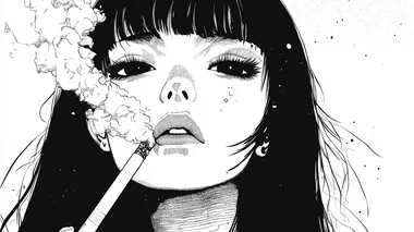 A manga panel featuring a young woman smoking a cigarette, in the style of Kentaro Miura. The illustration is a black and white ink drawing with a dark aesthetic, dark academia vibes, and anime manga influences. The drawing is vector art with high contrast, hyper-detailed, and features fantasy illustration elements. The background is pure white, creating a sharp and clean contrast with the figure. This is a masterpiece illustration with a flat color tone, designed in high resolution for best quality, with a 16:9 aspect ratio.