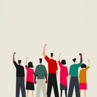 a group of people with raised fists, white and black skin, back view, rear view, propaganda poster, sharp geometry, clean illustration, clean white background rofile unvmz7h