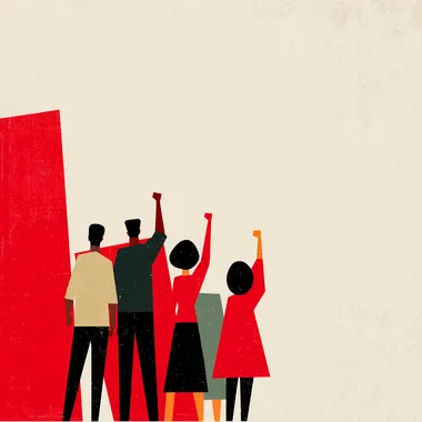 a group of people with raised fists, white and black skin, back view, rear view, propaganda poster, sharp geometry, clean illustration, clean white background rofile unvmz7h