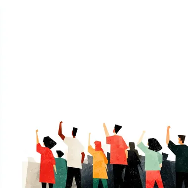 a group of people with raised fists, white and black skin, back view, rear view, propaganda poster, sharp geometry, clean illustration, clean white background rofile unvmz7h