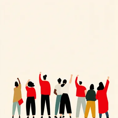 a group of people with raised fists, white and black skin, back view, rear view, propaganda poster, sharp geometry, clean illustration, clean white background rofile unvmz7h