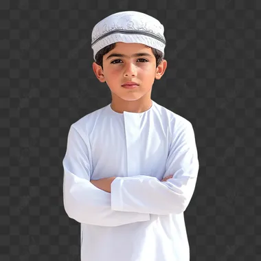 arab emarati boy, standing proudly in kandora with white background