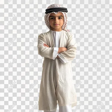 arab emarati boy, standing proudly in kandora with white background
