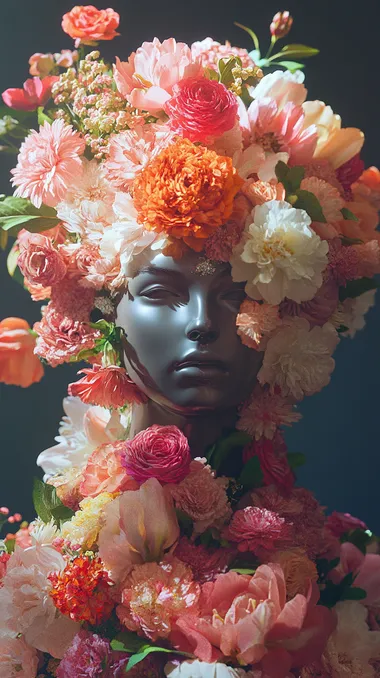 Create an image of a floral arrangement that completely obscures the face, with oversized vibrant flowers like peonies, roses, and lilies covering the entire head and face area, ensuring no facial features are visible. The flowers should seamlessly blend into the shoulders and upper torso, creating a purely abstract form. The background should be dynamically scattered with additional flowers and jewels, enhancing the sense of opulence and movement. Soft, diffuse studio lighting should illuminate the scene, highlighting the rich colors and intricate details of the floral arrangement. dynamic lighting, boluma lighting, upright, studio lighting, movie lighting, realistic lighting, soft lighting, high definition, high definition, reflection, ultra-high resolution, premium, flawless, exquisite, shadow, symmetry, high dynamic range, aesthetic, fascinating, expression, emotionally, high quality, very detailed and amazing visual, vibrant, elegant, full-HD, sharp focus, sharp focus, realistic lighting, high quality, vibrant, elegant, image quality 8K