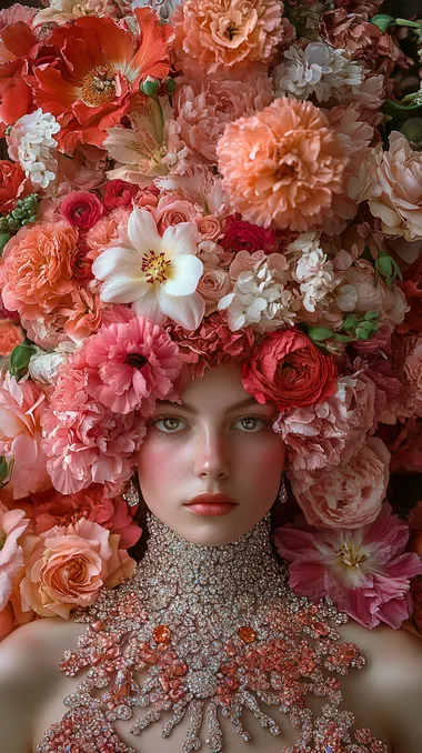 Create an image of a floral arrangement that completely obscures the face, with oversized vibrant flowers like peonies, roses, and lilies covering the entire head and face area, ensuring no facial features are visible. The flowers should seamlessly blend into the shoulders and upper torso, creating a purely abstract form. The background should be dynamically scattered with additional flowers and jewels, enhancing the sense of opulence and movement. Soft, diffuse studio lighting should illuminate the scene, highlighting the rich colors and intricate details of the floral arrangement. dynamic lighting, boluma lighting, upright, studio lighting, movie lighting, realistic lighting, soft lighting, high definition, high definition, reflection, ultra-high resolution, premium, flawless, exquisite, shadow, symmetry, high dynamic range, aesthetic, fascinating, expression, emotionally, high quality, very detailed and amazing visual, vibrant, elegant, full-HD, sharp focus, sharp focus, realistic lighting, high quality, vibrant, elegant, image quality 8K