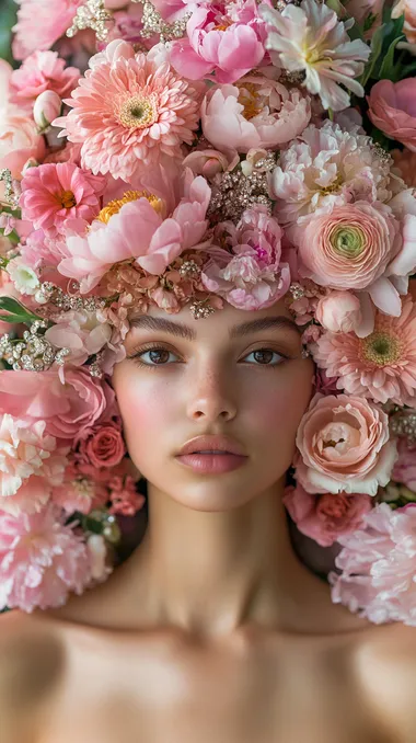 Create an image of a floral arrangement that completely obscures the face, with oversized vibrant flowers like peonies, roses, and lilies covering the entire head and face area, ensuring no facial features are visible. The flowers should seamlessly blend into the shoulders and upper torso, creating a purely abstract form. The background should be dynamically scattered with additional flowers and jewels, enhancing the sense of opulence and movement. Soft, diffuse studio lighting should illuminate the scene, highlighting the rich colors and intricate details of the floral arrangement. dynamic lighting, boluma lighting, upright, studio lighting, movie lighting, realistic lighting, soft lighting, high definition, high definition, reflection, ultra-high resolution, premium, flawless, exquisite, shadow, symmetry, high dynamic range, aesthetic, fascinating, expression, emotionally, high quality, very detailed and amazing visual, vibrant, elegant, full-HD, sharp focus, sharp focus, realistic lighting, high quality, vibrant, elegant, image quality 8K