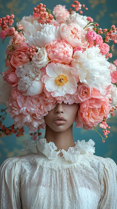 Create an image of a floral arrangement that completely obscures the face, with oversized vibrant flowers like peonies, roses, and lilies covering the entire head and face area, ensuring no facial features are visible. The flowers should seamlessly blend into the shoulders and upper torso, creating a purely abstract form. The background should be dynamically scattered with additional flowers and jewels, enhancing the sense of opulence and movement. Soft, diffuse studio lighting should illuminate the scene, highlighting the rich colors and intricate details of the floral arrangement. dynamic lighting, boluma lighting, upright, studio lighting, movie lighting, realistic lighting, soft lighting, high definition, high definition, reflection, ultra-high resolution, premium, flawless, exquisite, shadow, symmetry, high dynamic range, aesthetic, fascinating, expression, emotionally, high quality, very detailed and amazing visual, vibrant, elegant, full-HD, sharp focus, sharp focus, realistic lighting, high quality, vibrant, elegant, image quality 8K