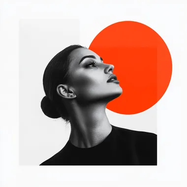 Bold, diverse leader in a high-end membership community. Black and white grayscale photography with saffron or coral shape overlays. Isolated on a white background.